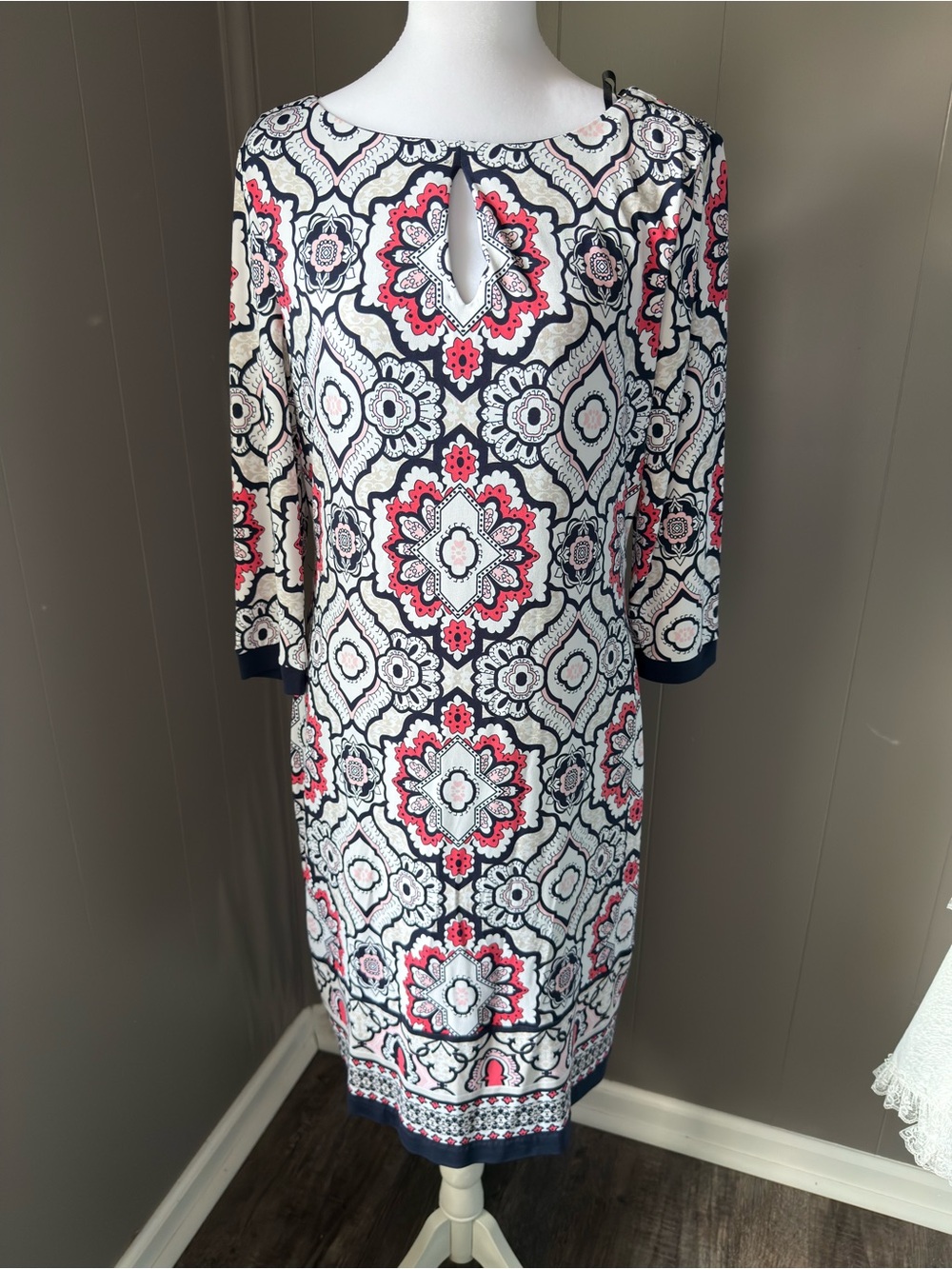 Liz Claiborne Navy, Coral and White Patterned Midi Dress